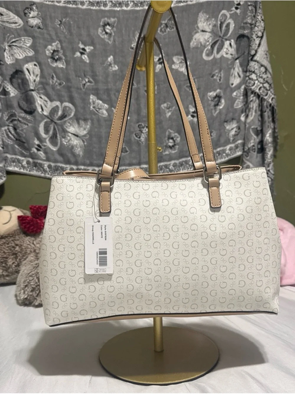 GUESS Cream Tote with Tan Straps and Logo Wallet